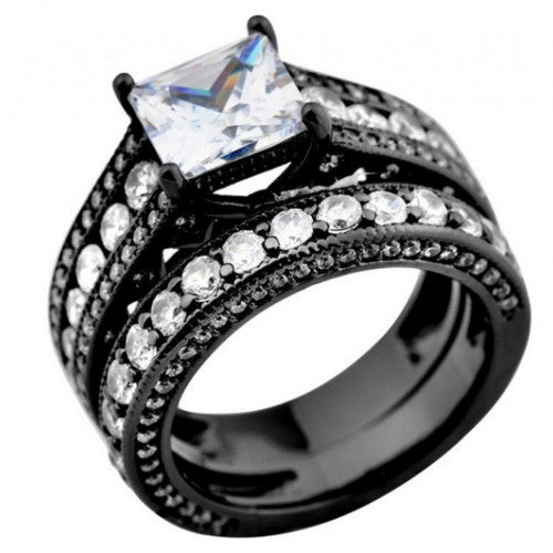 White Sapphire Retro Black Ring Set